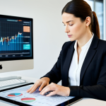 A focused professional woman, in a modest business suit, sitting calmly at a sleek modern desk, reviewing a tablet displaying complex financial data and legal documents. The background shows a well-lit contemporary office with blurred abstract financial charts on large screens, suggesting a stable and compliant environment, emphasizing foresight and meticulous planning. fully clothed, appropriate attire, safe for work, perfect anatomy, natural proportions, well-formed hands, proper finger count, professional dress, appropriate content, family-friendly, high-resolution, sharp focus, professional photography.