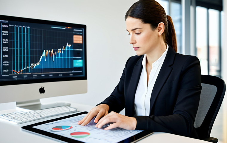 A focused professional woman, in a modest business suit, sitting calmly at a sleek modern desk, reviewing a tablet displaying complex financial data and legal documents. The background shows a well-lit contemporary office with blurred abstract financial charts on large screens, suggesting a stable and compliant environment, emphasizing foresight and meticulous planning. fully clothed, appropriate attire, safe for work, perfect anatomy, natural proportions, well-formed hands, proper finger count, professional dress, appropriate content, family-friendly, high-resolution, sharp focus, professional photography.