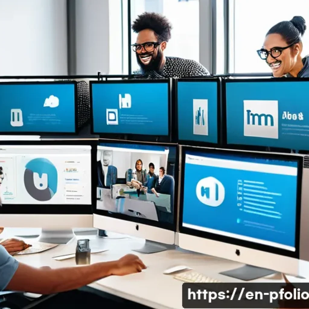 포트폴리오 구축에 있어 온라인 커뮤니티 활용하기 - A vibrant digital workspace showing a diverse group of professionals engaging on multiple online pla...