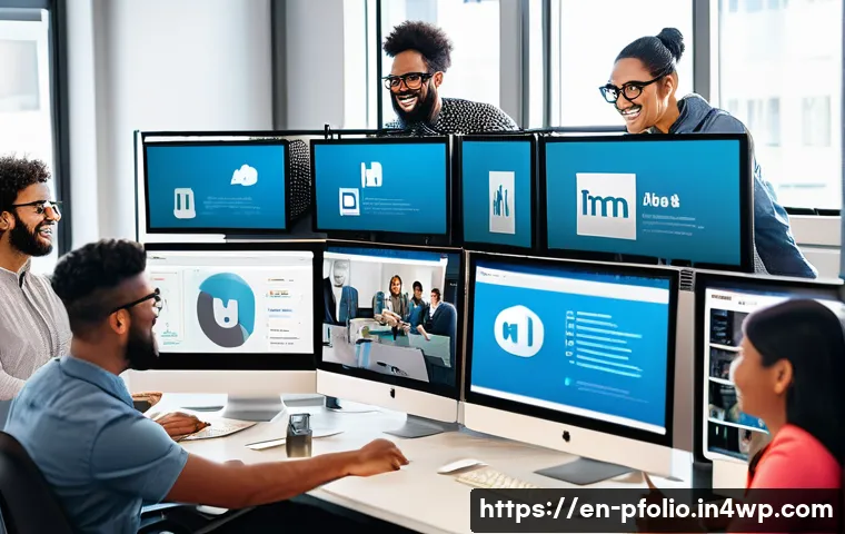 포트폴리오 구축에 있어 온라인 커뮤니티 활용하기 - A vibrant digital workspace showing a diverse group of professionals engaging on multiple online pla...