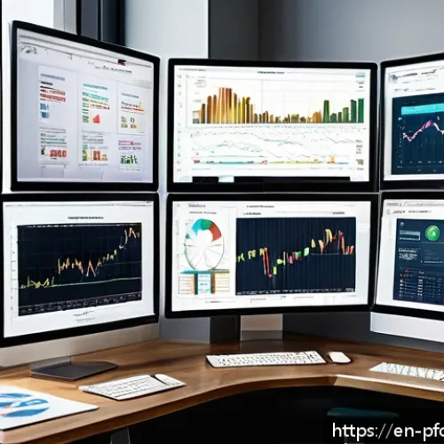 ETF를 활용한 포트폴리오 구성 - A modern financial advisor’s workspace featuring multiple large computer screens displaying colorful...