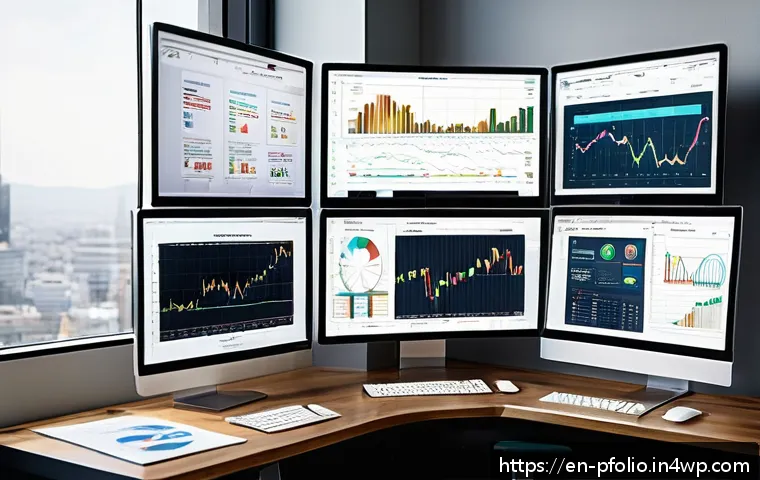 ETF를 활용한 포트폴리오 구성 - A modern financial advisor’s workspace featuring multiple large computer screens displaying colorful...