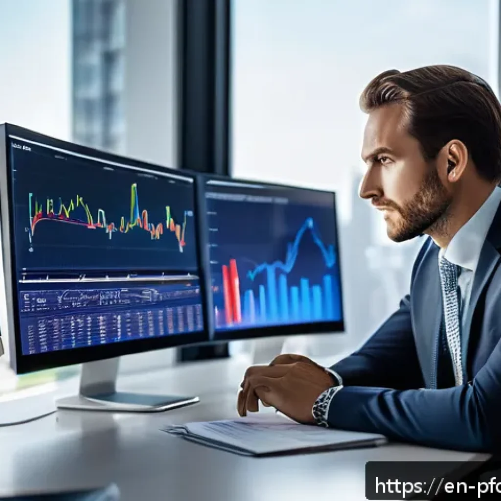 주식 포트폴리오의 비율 조정 방법 - A professional investor sitting at a sleek modern desk in a bright office, analyzing multiple digita...