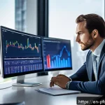 주식 포트폴리오의 비율 조정 방법 - A professional investor sitting at a sleek modern desk in a bright office, analyzing multiple digita...