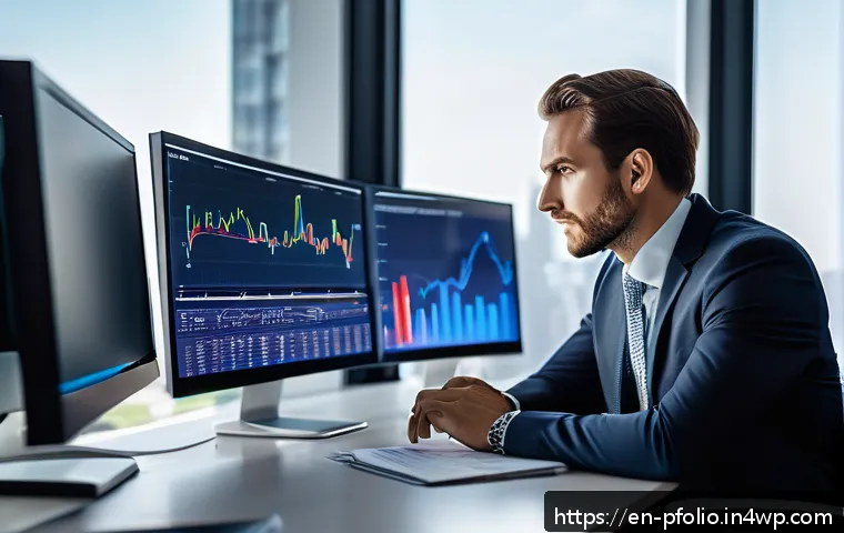 주식 포트폴리오의 비율 조정 방법 - A professional investor sitting at a sleek modern desk in a bright office, analyzing multiple digita...