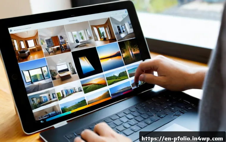 Home 17 포트폴리오 구축의 최신 트렌드와 전망 - Photorealistic modern creative professional curating a visual portfolio on a large tablet and laptop...