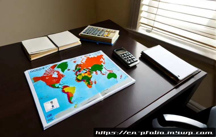 글로벌 시장을 반영한 투자 포트폴리오 전략 - Photorealistic overhead view of a diversified global investment planning desk, a neatly arranged wor...